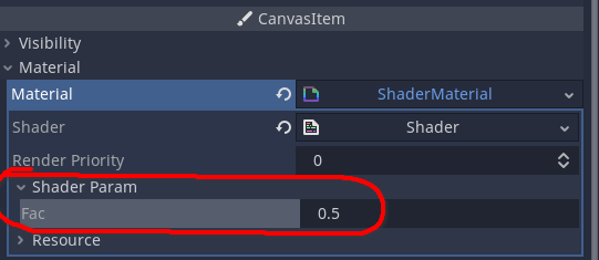 The shader param &lsquo;fac&rsquo; exposed in the editor.